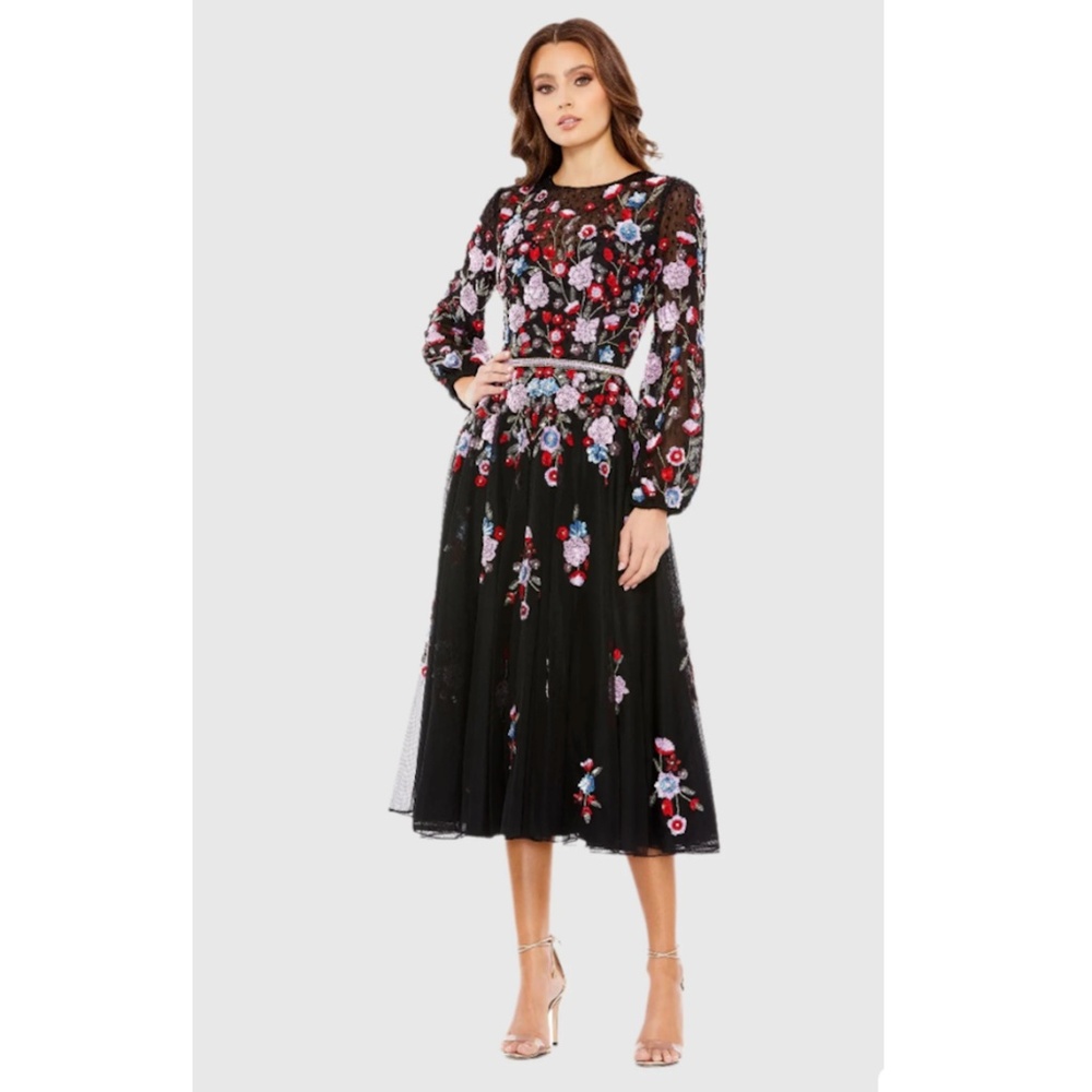 Mac Duggal Sequined Floral High Neck Puff Sleeve Cocktail Dress Sz 12